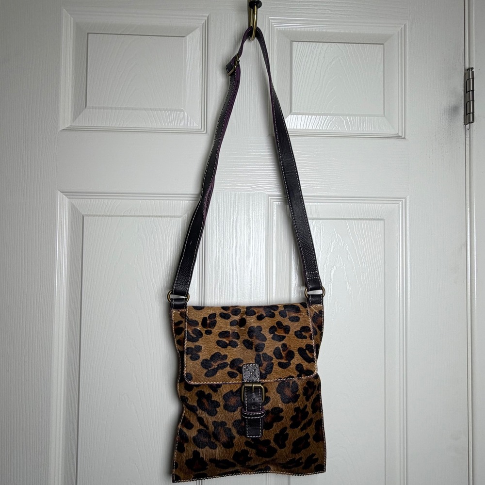 Boden Leopard Print Hair On Hide Leather Crossbody Bag Brown Purple AM130